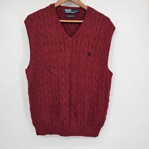 Polo Ralph Lauren Pima Cotton Red Cable Knit Pullover VNeck Sweater Vest Mens XL